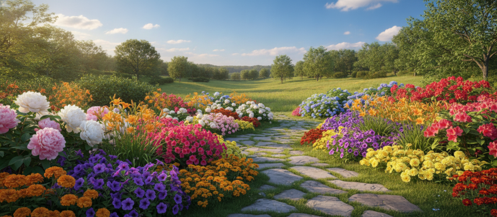 landscaping with flowers and seasonal blooming plants