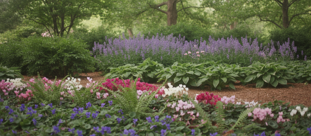 low water flowering plants in a shade garden
