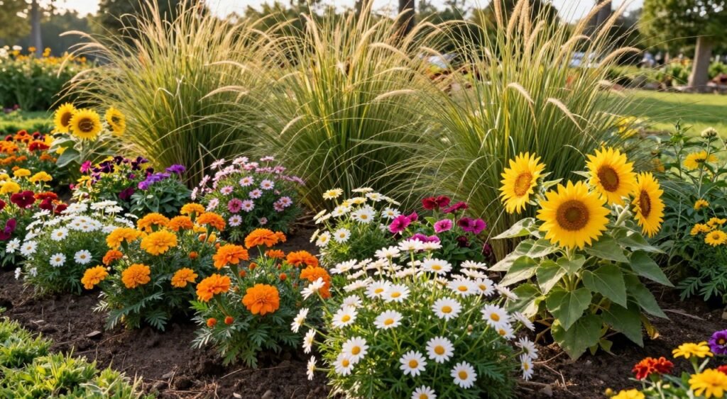sun-loving flowers in a garden bed